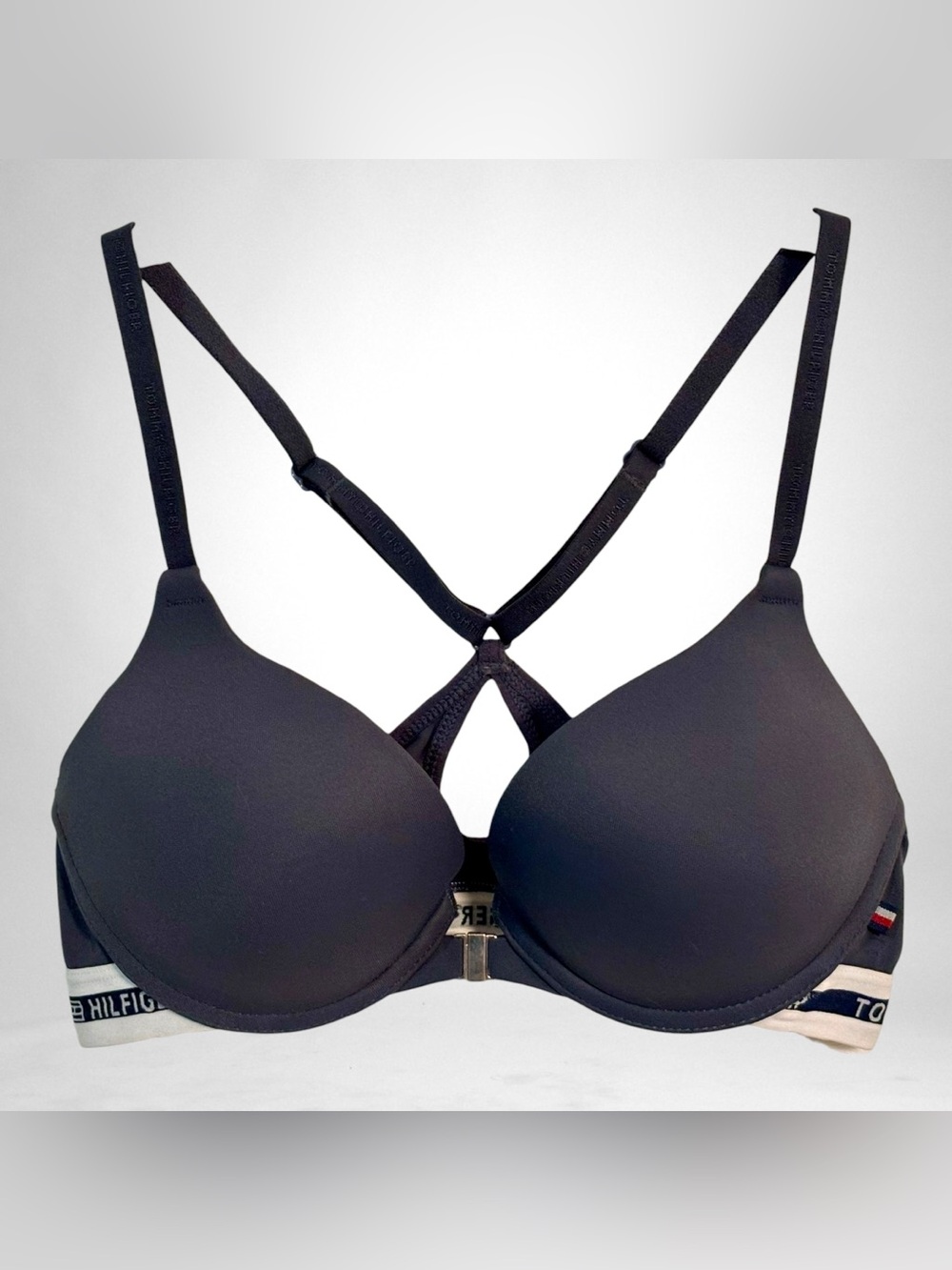 Tommy Hilfiger Women's 34B Navy Front-Close T-Back Push Up Bra Logo Band
